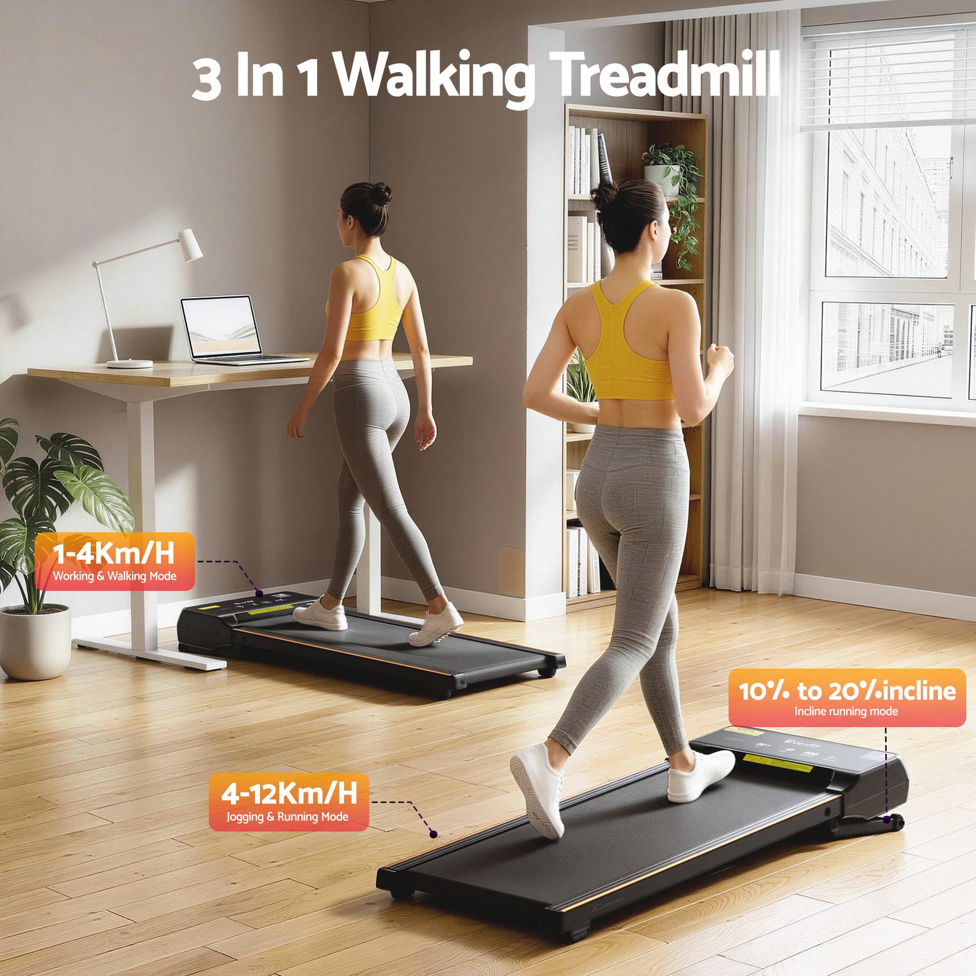 Everfit Under Desk 3 in 1 Walking Pad Treadmill 20% Auto Incline With 40cm Wide Belt