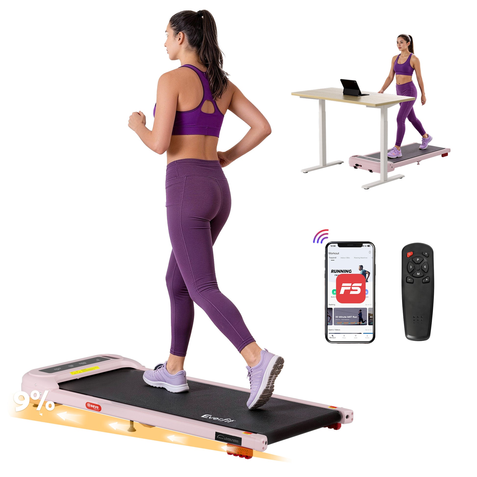 Everfit Under Desk Electric Walking Pad with Incline - Pink