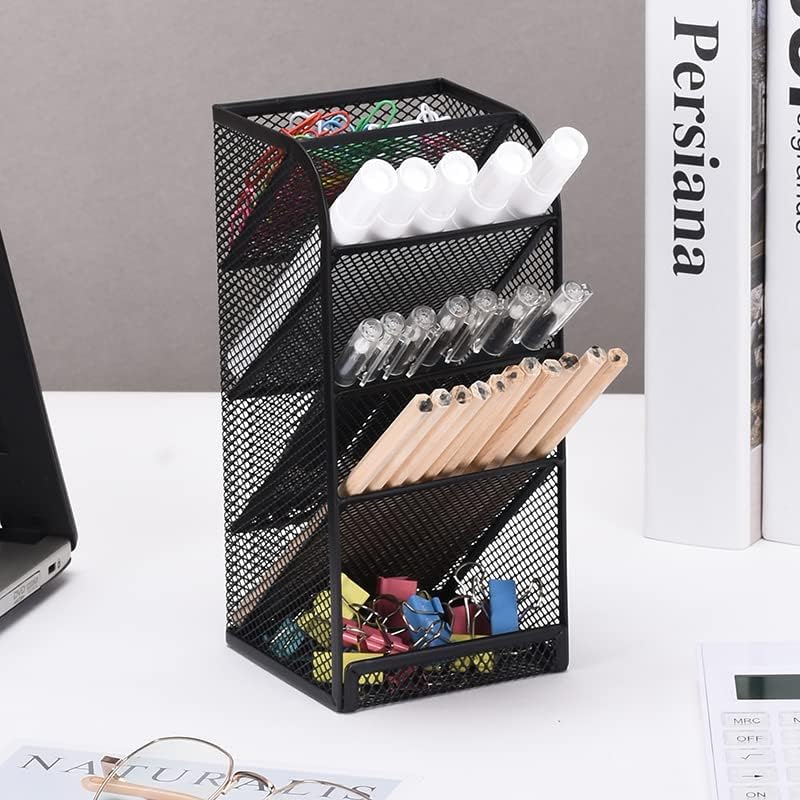 Modern Metal Mesh Pencil Holder, 5-Compartment Desk Organiser, Black Angled Pen Holder