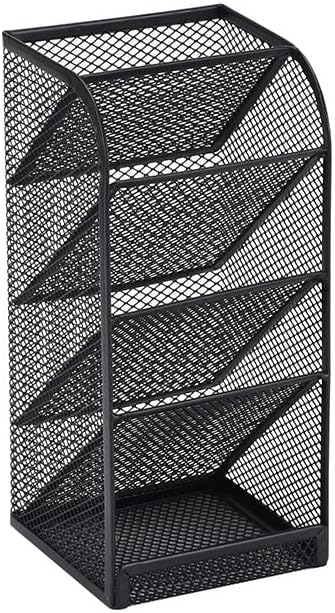 Modern Metal Mesh Pencil Holder, 5-Compartment Desk Organiser, Black Angled Pen Holder