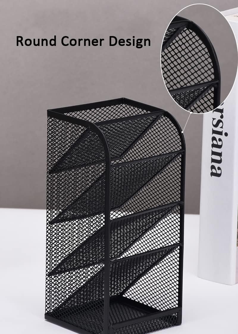 Modern Metal Mesh Pencil Holder, 5-Compartment Desk Organiser, Black Angled Pen Holder
