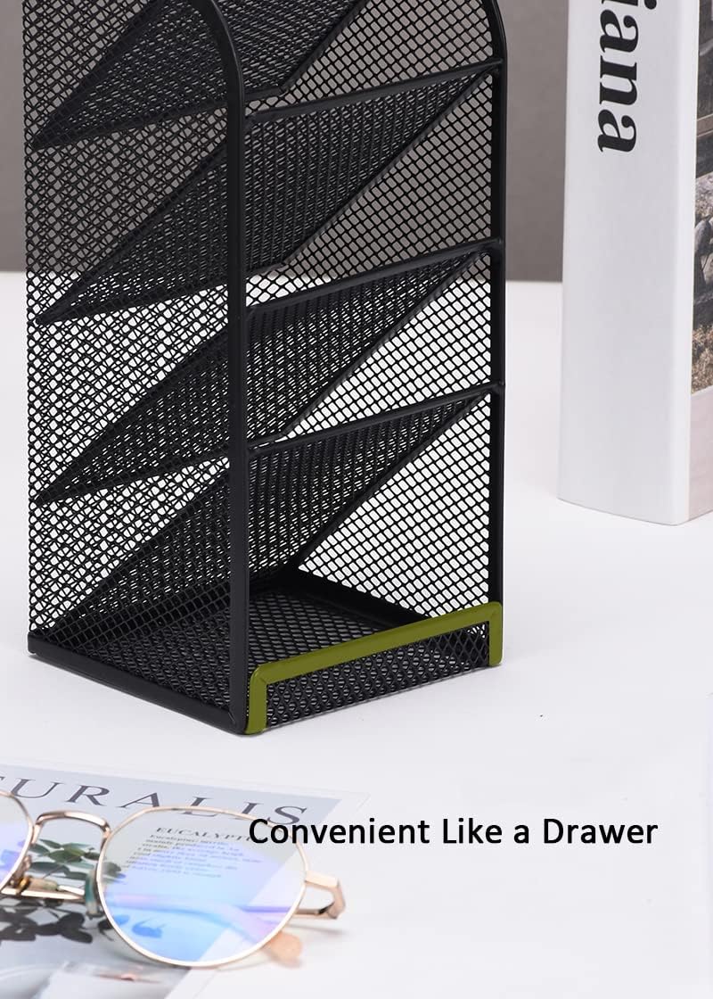 Modern Metal Mesh Pencil Holder, 5-Compartment Desk Organiser, Black Angled Pen Holder