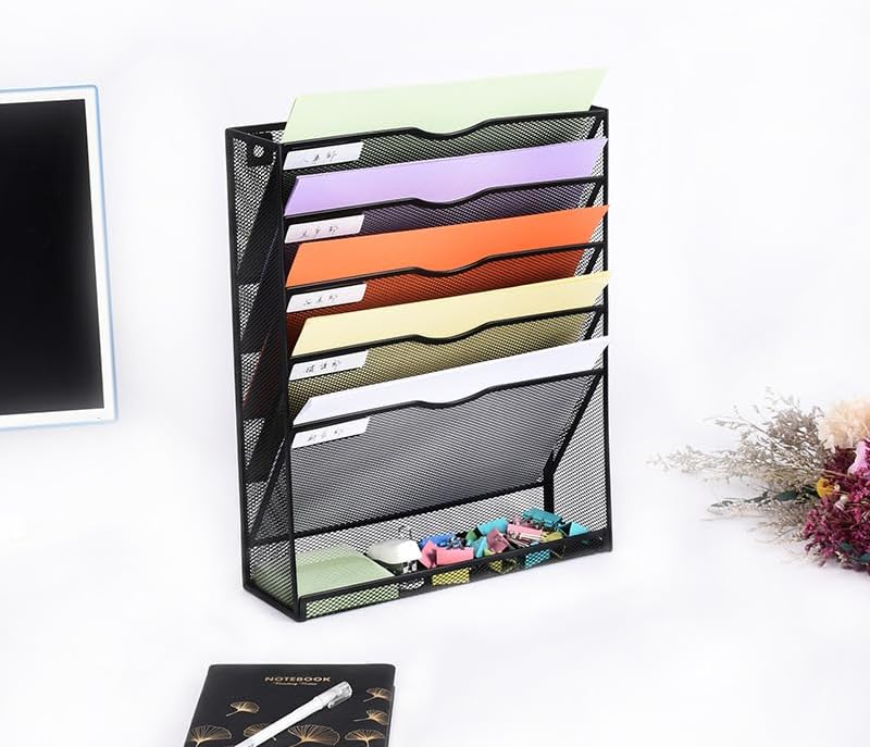 6 Tier Desktop File Organiser, Wall Mount Magazine Rack, Mesh Desk Organizer, Vertical Hanging Document Tray for Stationery, Mail, Paper and Letter Envelope, Book Holder