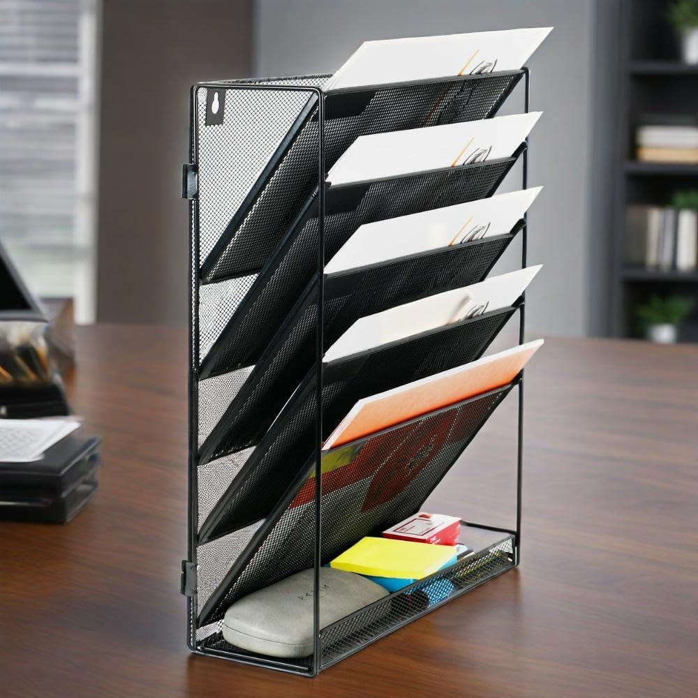 6 Tier Desktop File Organiser, Wall Mount Magazine Rack, Mesh Desk Organizer, Vertical Hanging Document Tray for Stationery, Mail, Paper and Letter Envelope, Book Holder