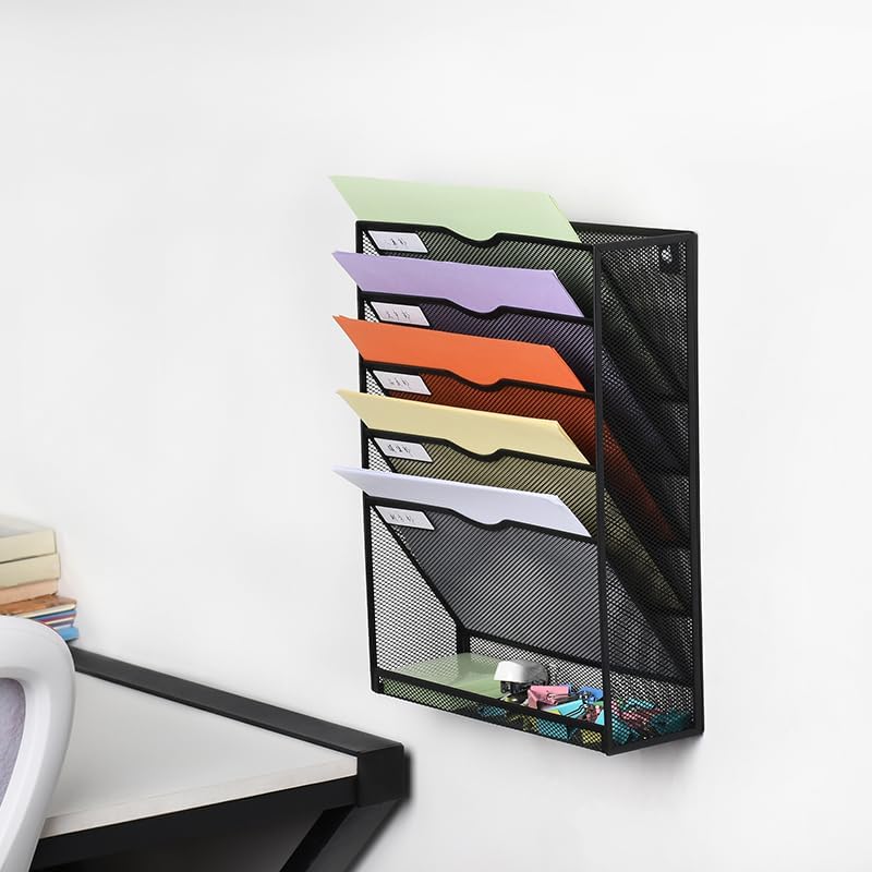 6 Tier Desktop File Organiser, Wall Mount Magazine Rack, Mesh Desk Organizer, Vertical Hanging Document Tray for Stationery, Mail, Paper and Letter Envelope, Book Holder