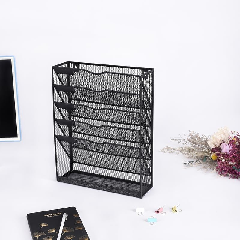 6 Tier Desktop File Organiser, Wall Mount Magazine Rack, Mesh Desk Organizer, Vertical Hanging Document Tray for Stationery, Mail, Paper and Letter Envelope, Book Holder