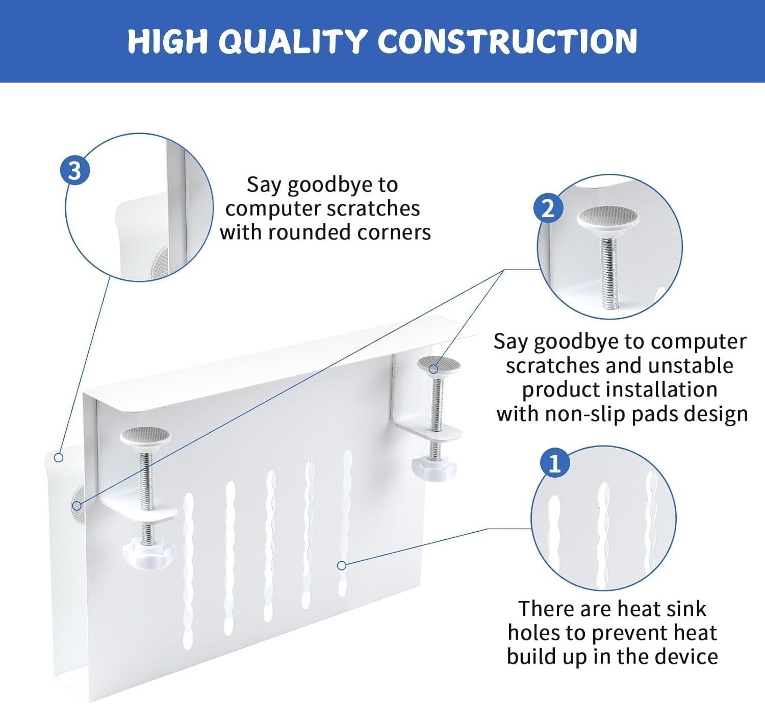 Under Desk Side Laptop Holder Storage with No Drill Cable Management Tray and Pen Storage for Office and Home
