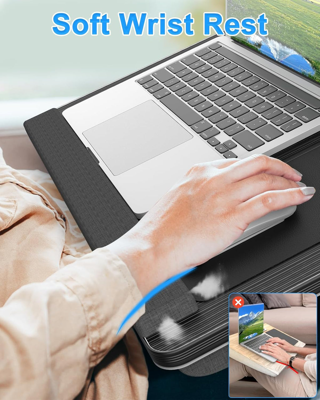 CARLA HOME Oversized Portable Lap Desk with Cushion,Mouse Pad, Tablet and Phone Holder which Fits Up to 17 Inch Laptops for Bed or Sofa (Black)