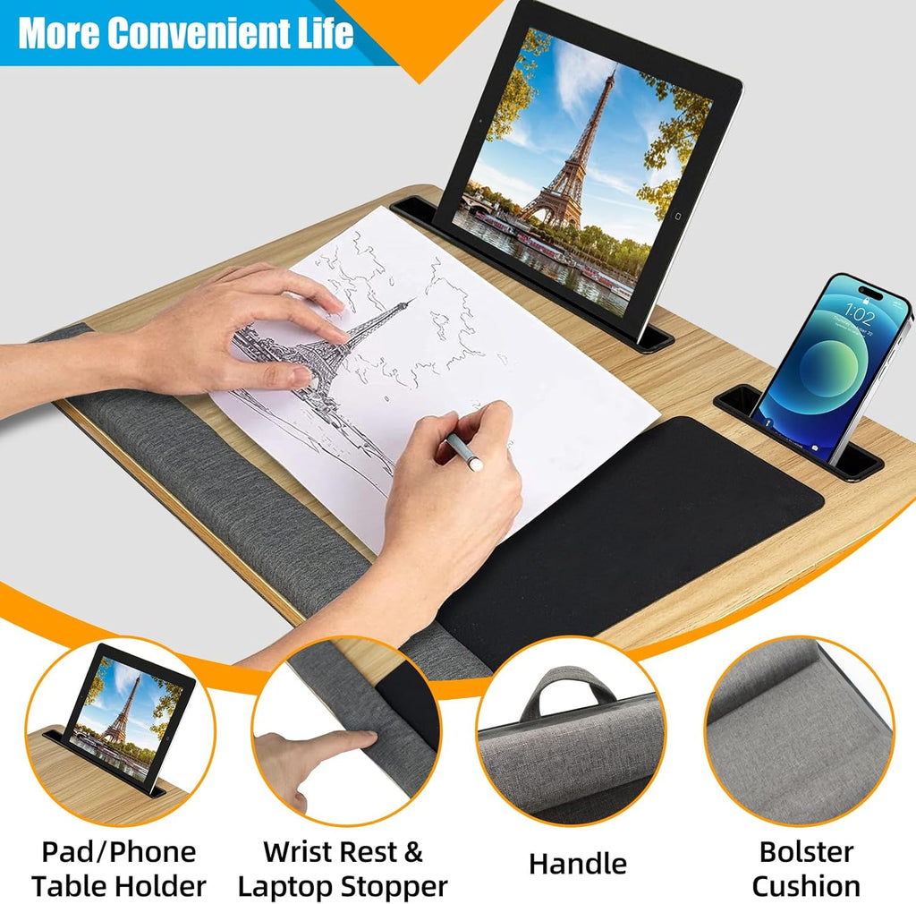 CARLA HOME Oversized Portable Lap Desk with Cushion,Mouse Pad, Tablet and Phone Holder which Fits Up to 17 Inch Laptops for Bed or Sofa (Brown)