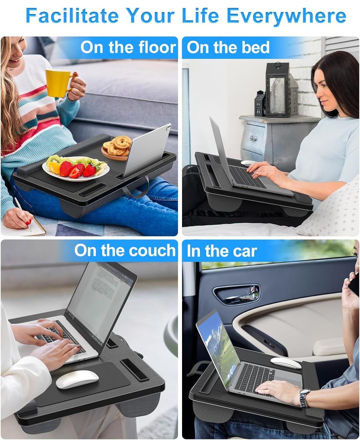 CARLA HOME Oversized Portable Lap Desk with Cushion,Mouse Pad, Tablet and Phone Holder which Fits Up to 17 Inch Laptops for Bed or Sofa (Brown)
