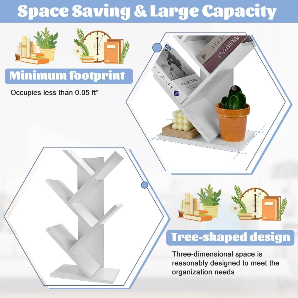 CARLA HOME 5-Tier Tree Bookshelf Storage Rack for Home Office or Bedroom (White)