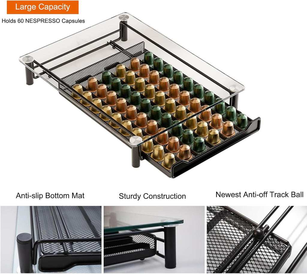 CARLA HOME 60 Coffee Pod Holder Drawer with Tempered Glass Capsule Organizer for Nespresso Pods and Sliding Drawer for Kitchen Countertop