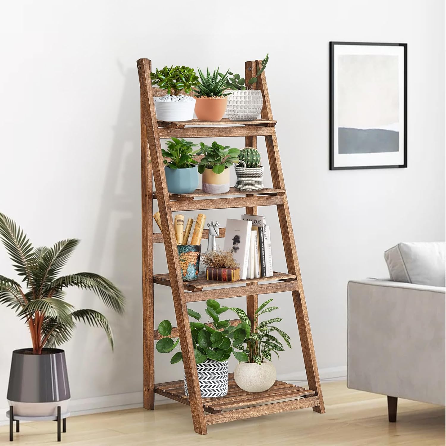 Rustic Wood 4 Tier Plant Stand Bookshelf 38CM Corner Shelf