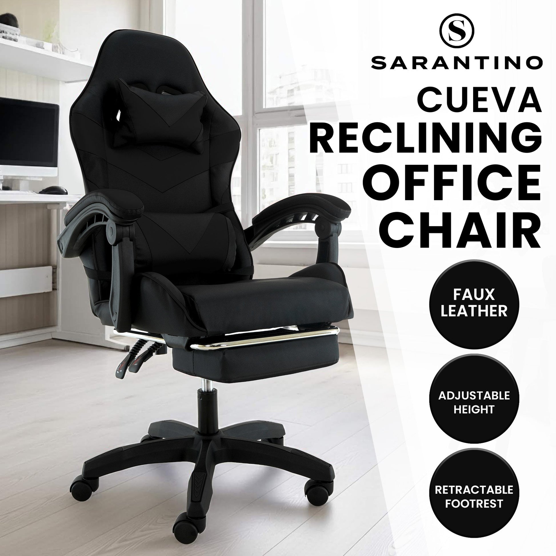 Sarantino Cueva Reclining High Back Office Gaming Chair Black Retractable Footrest Computer Seat