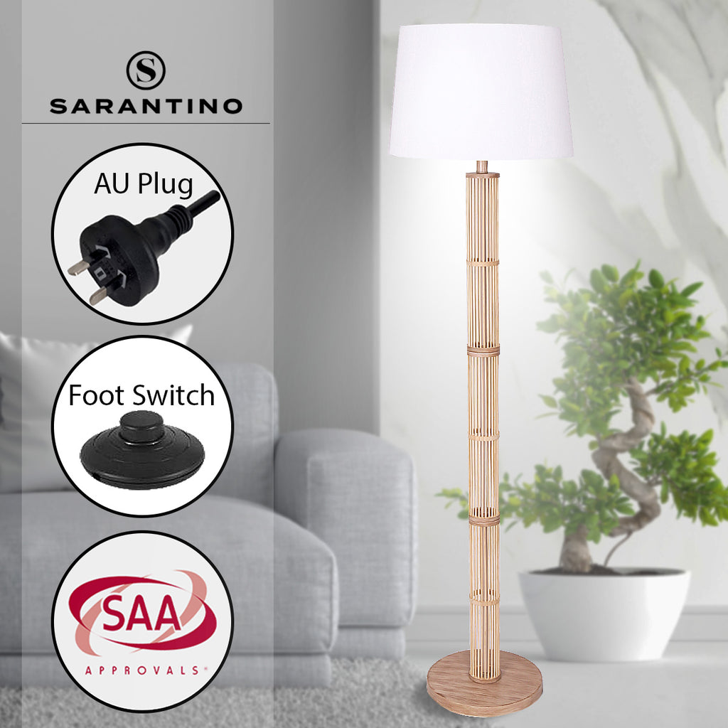 Sarantino Rattan Floor Lamp With Ghost-White Linen Shade