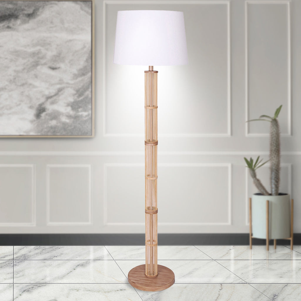 Sarantino Rattan Floor Lamp With Ghost-White Linen Shade
