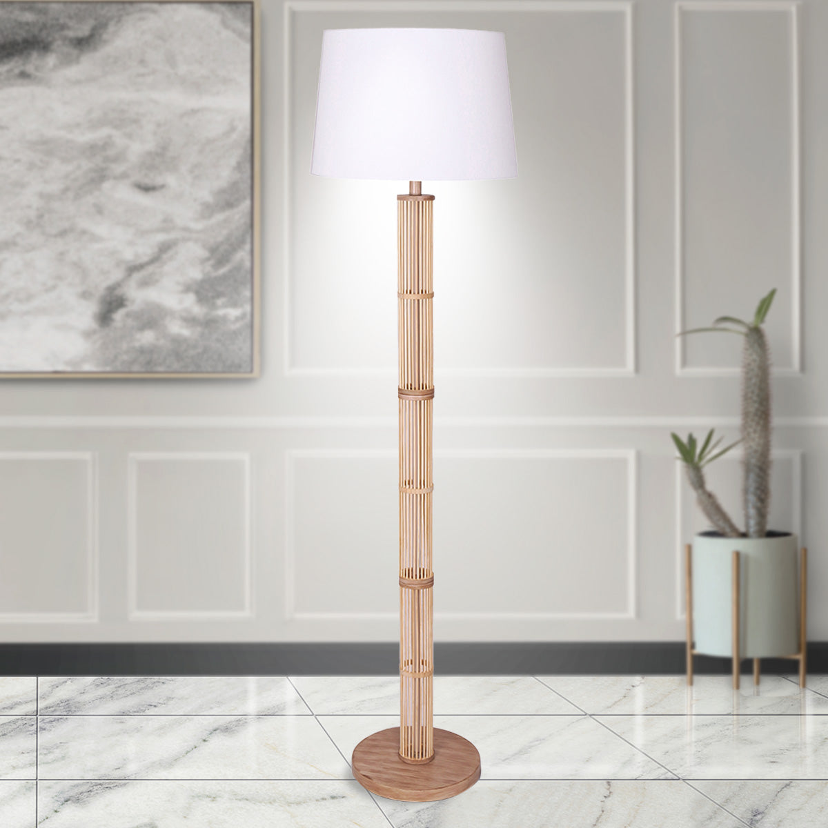 Sarantino Rattan Floor Lamp With Ghost-White Linen Shade