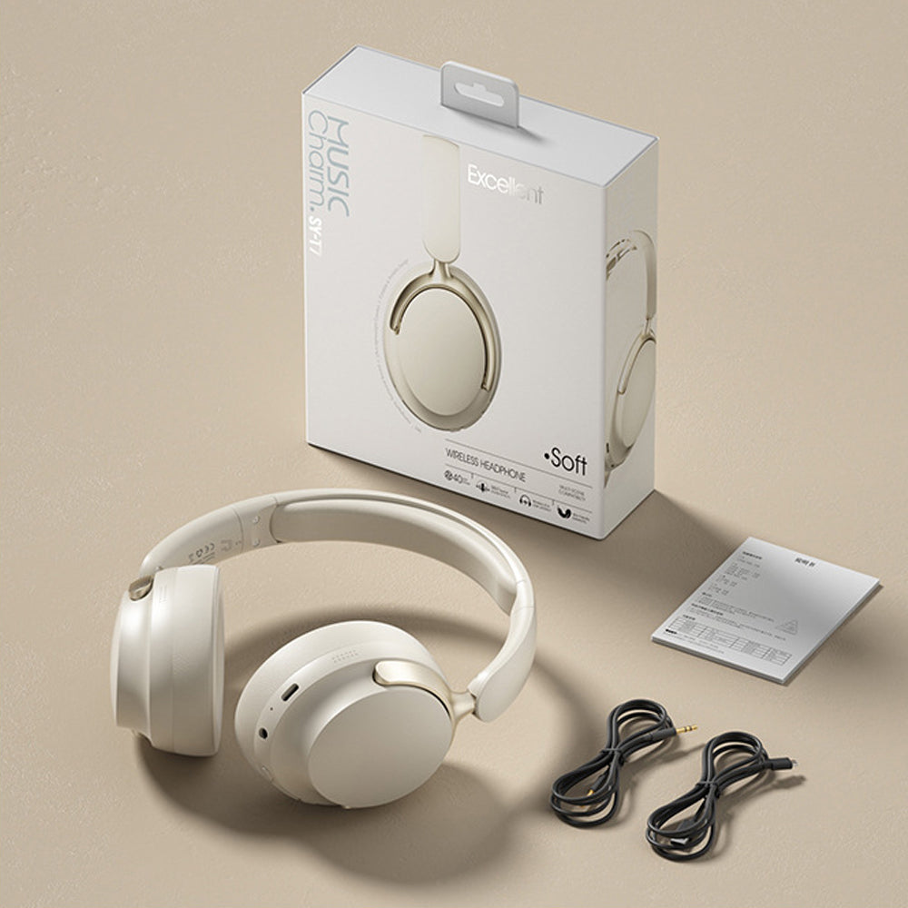 JR SY-T7 Bluetooth 5.4 Over-Ear Headset Wireless Headphones with Noise Cancelling Mic (Beige)