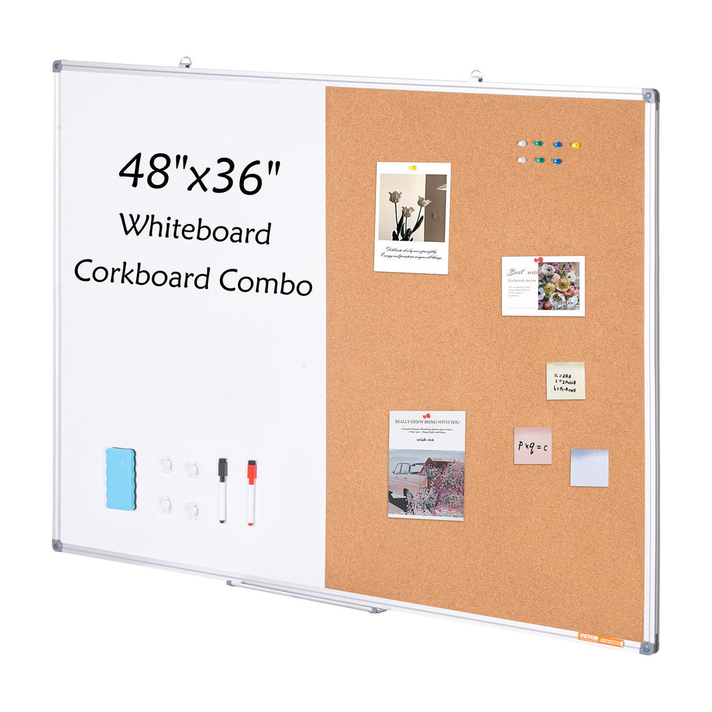 VEVOR 48"x 36" Whiteboard & Cork Board Combo with Aluminum Frame – 2-in-1 Magnetic Dry Erase Bulletin Board for Wall Mount – Ideal for School, Home, Office