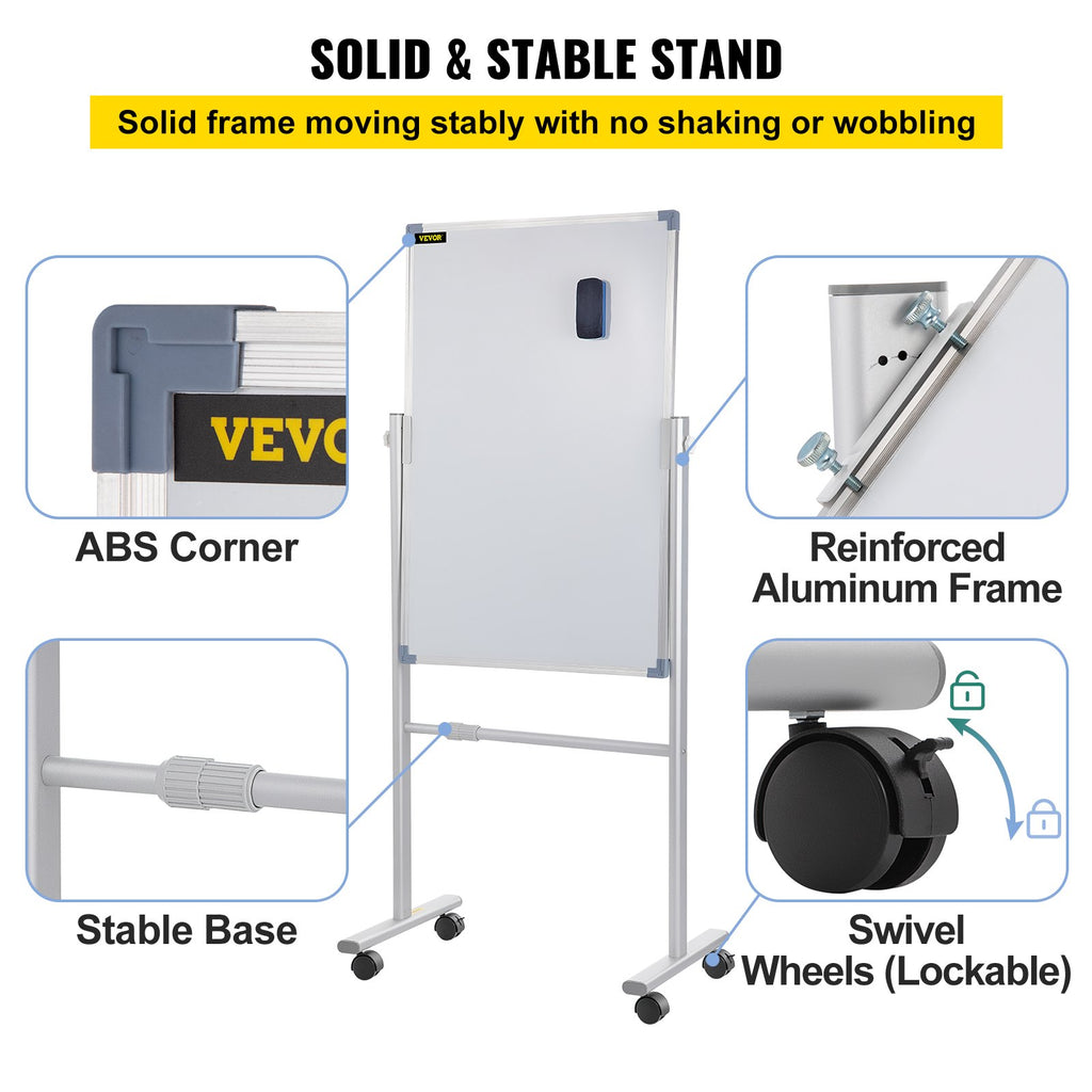 VEVOR Mobile Dry Erase Board Magnetic Whiteboard w/ Stand 60 x 90cm Double Sided